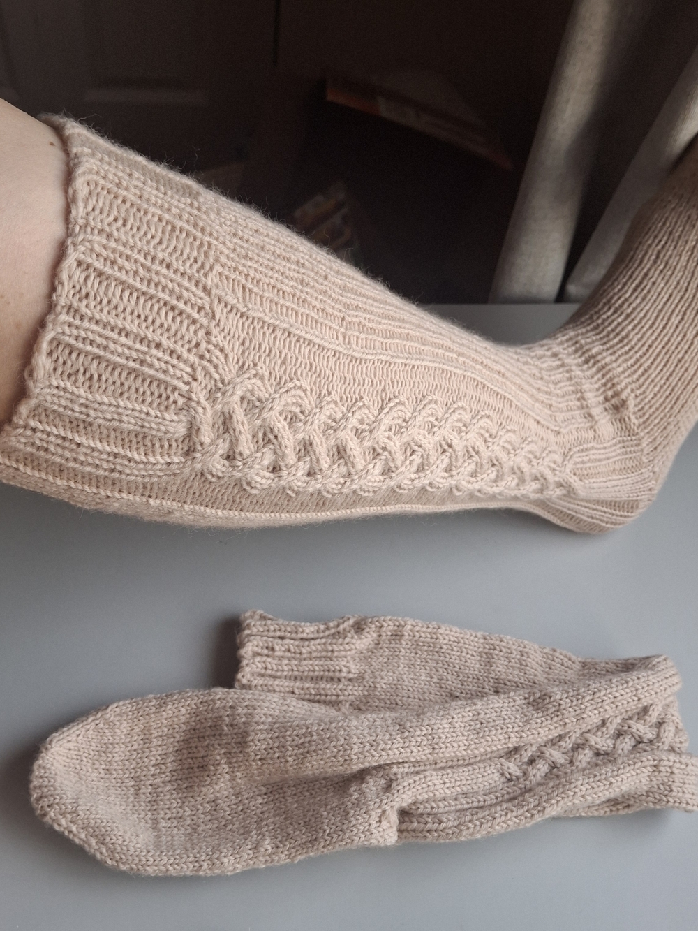 Hand-knit Beige Celtic Cable Knit Knee-High Boot Socks 100% Wool Academia Preppy